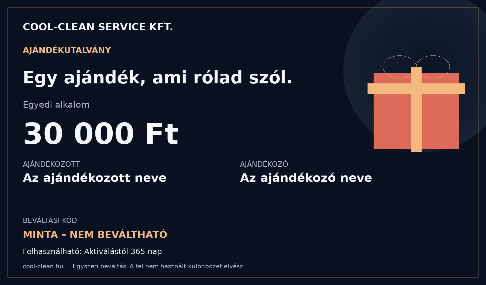 Cool-Clean ajándékutalvány grafikai mintája – nem beváltható